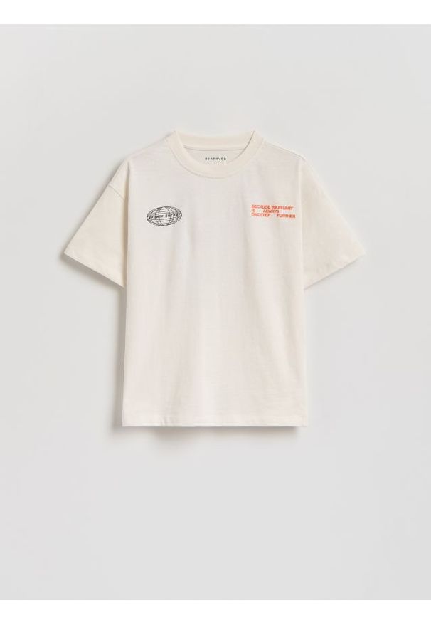 Reserved - Bawełniany t-shirt z nadrukiem - złamana biel. Materiał: bawełna. Wzór: nadruk
