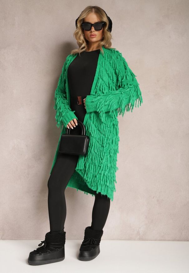 Renee - Zielony Niezapinany Kardigan w Ozdobne Frędzle Massawa. Kolor: zielony. Styl: elegancki