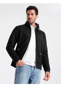Ombre Clothing - Męska kurtka z wysokim kołnierzem i polarowym wnętrzem – czarna V1. Kolor: czarny. Materiał: polar. Wzór: aplikacja. Styl: elegancki
