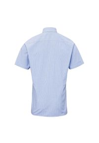 PREMIER - Męska Bawełniana Koszula Z Krótkim Rękawem W Kratkę Micro Gingham. Kolor: biały, wielokolorowy, niebieski. Materiał: bawełna. Długość rękawa: krótki rękaw. Długość: krótkie. Wzór: kratka