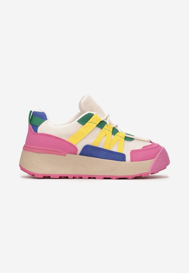 Renee - Fuksjowe Sznurowane Płaskie Sneakersy z Kolorowymi Wstawkami z Ekoskóry Wonise. Okazja: na co dzień. Wysokość cholewki: przed kostkę. Kolor: beżowy. Szerokość cholewki: normalna. Wzór: kolorowy. Sezon: wiosna, jesień