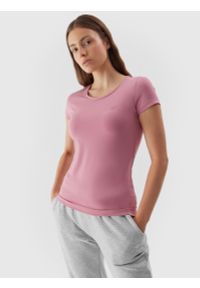 4f - T-shirt regular gładki damski. Kolor: różowy. Materiał: bawełna, elastan. Wzór: gładki