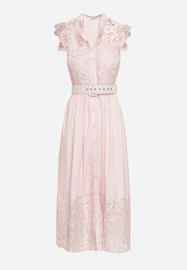 Born2be - Różowa Sukienka Ażurowa o Koszulowym Kroju z Paskiem z Ekoskóry Trija. Okazja: na co dzień, na imprezę. Kolor: różowy. Wzór: ażurowy. Typ sukienki: koszulowe. Styl: casual, elegancki