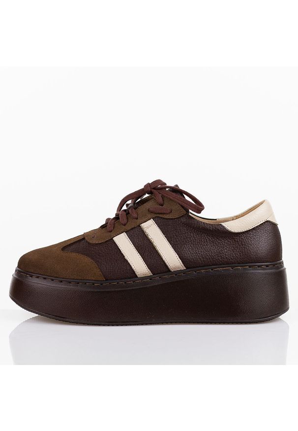 DEONI - Skórzane br/be sneakersy damskie Deoni D632. Okazja: na co dzień. Nosek buta: okrągły. Zapięcie: sznurówki. Kolor: brązowy. Szerokość cholewki: normalna. Materiał: skóra. Sezon: wiosna, jesień. Obcas: na platformie. Styl: klasyczny, sportowy, casual, elegancki