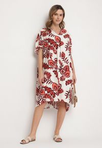 Born2be - Bordowa Sukienka z Lnem i Wiskozą Ozdobiona Cyrkoniami Sadelune. Okazja: na co dzień. Typ kołnierza: dekolt w serek. Kolor: czerwony. Materiał: len, wiskoza. Wzór: aplikacja. Styl: klasyczny, casual, elegancki #2