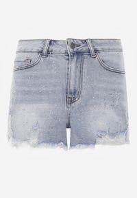 Born2be - Niebieskie Jeansowe Szorty Casual z Bawełną Wysokim Stanem Przetarciami i Brokatem Delona. Okazja: na co dzień. Stan: podwyższony. Kolor: niebieski. Materiał: bawełna, jeans. Długość: krótkie. Wzór: aplikacja. Styl: casual #3