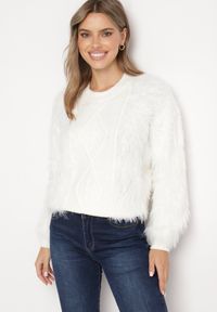 Born2be - Biały Sweter z Wełną o Wzorzystym Splocie z Ozdobną Fakturą Mirilena. Okazja: na co dzień. Kolor: biały. Materiał: wełna. Wzór: ze splotem. Styl: casual, elegancki #3
