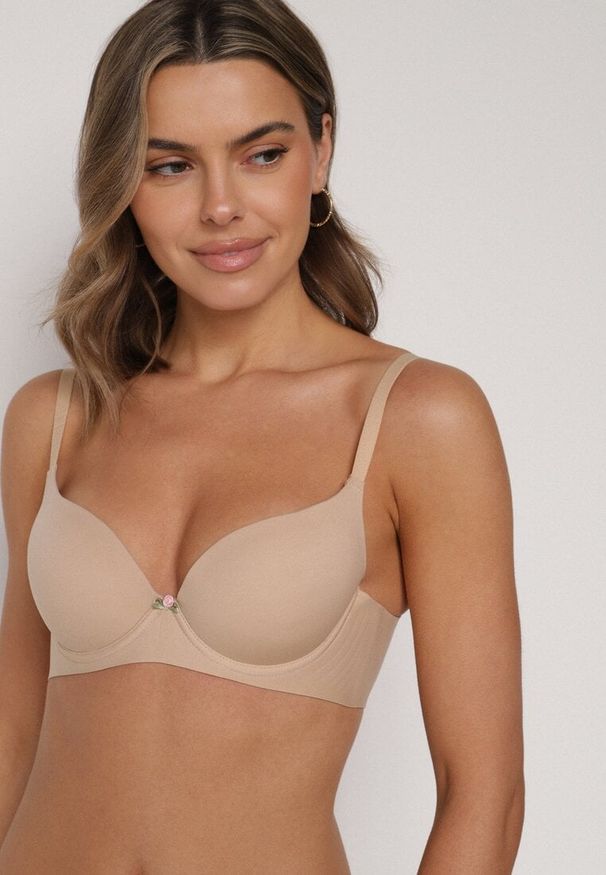 Born2be - Beżowy Gładki Biustonosz Push-up Halilura. Kolor: beżowy. Rodzaj stanika: push-up. Wzór: gładki