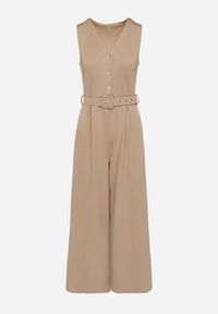 Born2be - Ciemnobeżowy Taliowany Kombinezon z Wiskozą Ozdobiony Paskiem Ralinelle. Okazja: na imprezę. Kolor: beżowy. Materiał: wiskoza. Wzór: aplikacja. Styl: klasyczny, elegancki #5