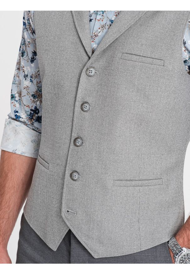 Ombre Clothing - Męska kamizelka garniturowa z kołnierzem - jasnoszara V1 OM-BLZV-0109 - XXL. Kolor: szary. Materiał: poliester
