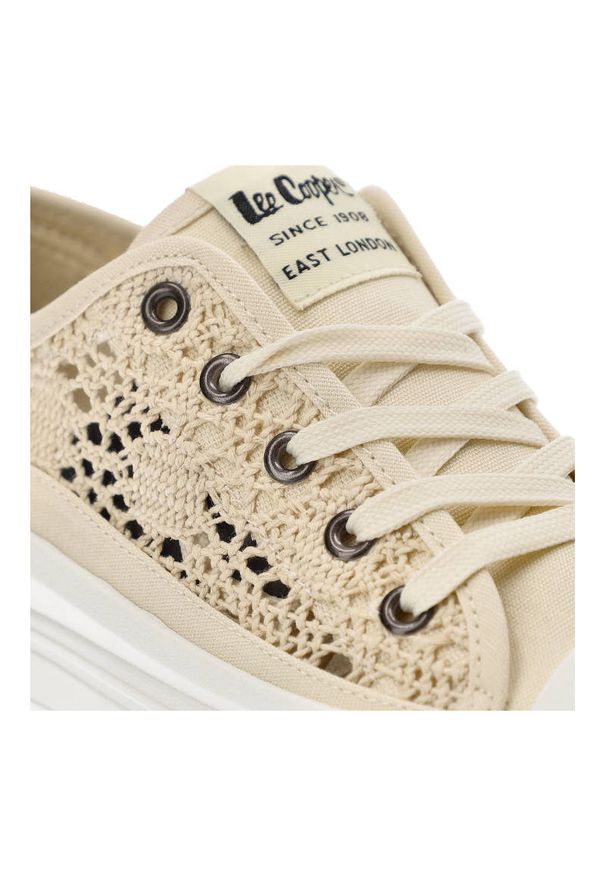 Beżowe Trampki Lee Cooper Damskie Buty Na Platformie. Kolor: beżowy. Materiał: materiał, koronka. Szerokość cholewki: normalna. Wzór: aplikacja, koronka. Obcas: na platformie