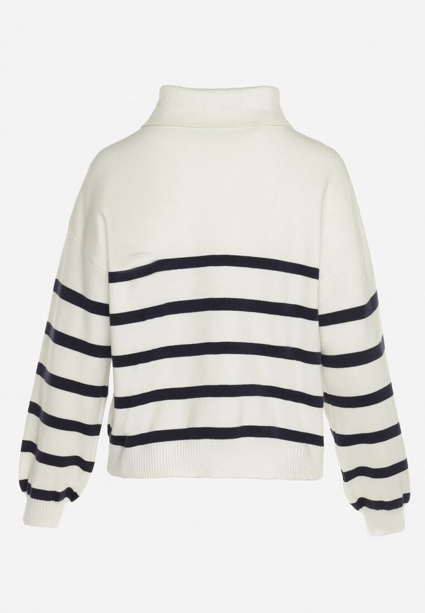 Born2be - Biało-Granatowy Golf Sweter Zapinany na Suwak w Paski Sakine. Typ kołnierza: golf. Kolor: biały. Wzór: paski
