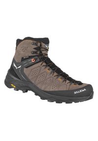 Buty Trekkingowe Męskie Salewa Alp Trainer 2 Mid Gtx. Wysokość cholewki: za kostkę. Zapięcie: sznurówki. Kolor: wielokolorowy, beżowy, czarny. Materiał: guma, zamsz, materiał, syntetyk. Szerokość cholewki: normalna