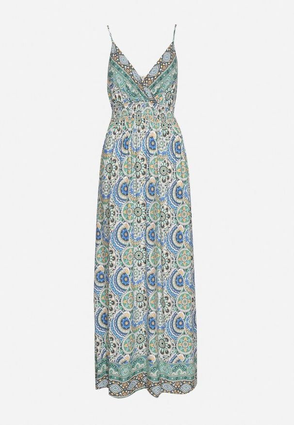 Born2be - Zielono-Niebieska Wiskozowa Sukienka Boho na Ramiączkach z Gumką w Pasie Elorea. Kolor: zielony. Materiał: wiskoza. Długość rękawa: na ramiączkach. Sezon: lato. Styl: boho