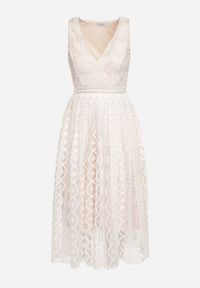 Born2be - Jasnobeżowa Rozkloszowana Sukienka z Plisowanym Dołem i Ozdobnymi Haftami Asorasia. Okazja: na co dzień. Typ kołnierza: dekolt w kształcie V. Kolor: beżowy. Materiał: skóra. Wzór: haft. Typ sukienki: plisowane. Styl: casual, elegancki #3