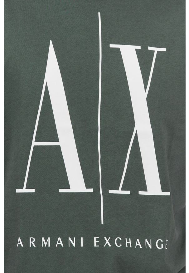 Armani Exchange - ARMANI EXCHANGE Szaro-zielony t-shirt męski z dużym logo. Kolor: zielony. Materiał: prążkowany