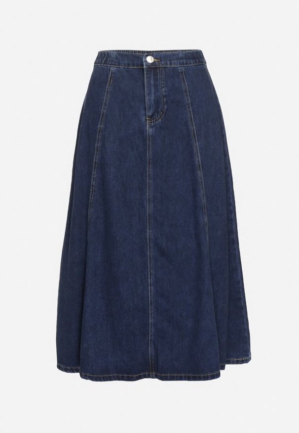 Born2be - Granatowa Rozkloszowana Jeansowa Spódnica z Bawełną Biavira. Okazja: na co dzień. Kolor: niebieski. Materiał: jeans, bawełna. Styl: casual, klasyczny