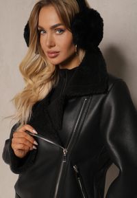 Renee - Czarna Kurtka Pilotka z Ekoskóry z Kożuszkiem i Ozdobnym Paskiem Naprola. Okazja: na co dzień. Kolor: czarny. Sezon: zima, jesień. Styl: casual #3
