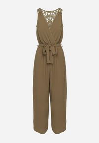 Born2be - Zielony Kopertowy Kombinezon z Ażurowym Tyłem i Szerokimi Nogawkami Marilna. Okazja: na co dzień. Kolor: zielony. Długość rękawa: na ramiączkach. Wzór: ażurowy. Styl: casual #3