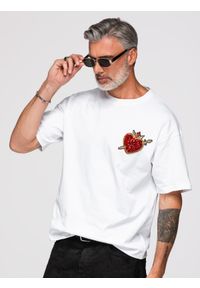 Ombre Clothing - Męska bawełniana koszulka z biżuteryjną aplikacją na klatce piersiowej - biała V2 - Rozmiar: L. Kolor: biały. Materiał: bawełna. Wzór: aplikacja #1