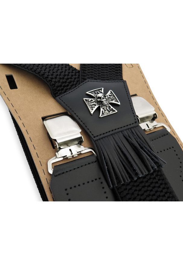 Modini - Szerokie czarne szelki męskie do spodni z czaszkami T31. Kolor: czarny. Materiał: skóra, guma