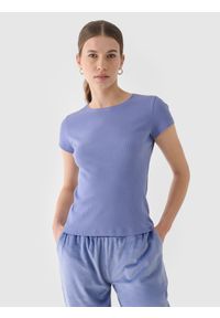 4f - 4F T-shirt slim gładki damski - granatowy S. Okazja: na co dzień. Kolor: niebieski. Materiał: skóra, elastan, dzianina, prążkowany, bawełna, materiał. Długość rękawa: krótki rękaw. Długość: krótkie. Wzór: gładki. Styl: sportowy, klasyczny, casual