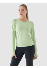 4f - 4F Longsleeve do biegania szybkoschnący damski - zielony M. Kolor: zielony. Materiał: włókno, elastan, dzianina, materiał, syntetyk. Długość rękawa: długi rękaw. Długość: krótkie. Wzór: gładki, nadruk, ze splotem. Sport: bieganie, fitness
