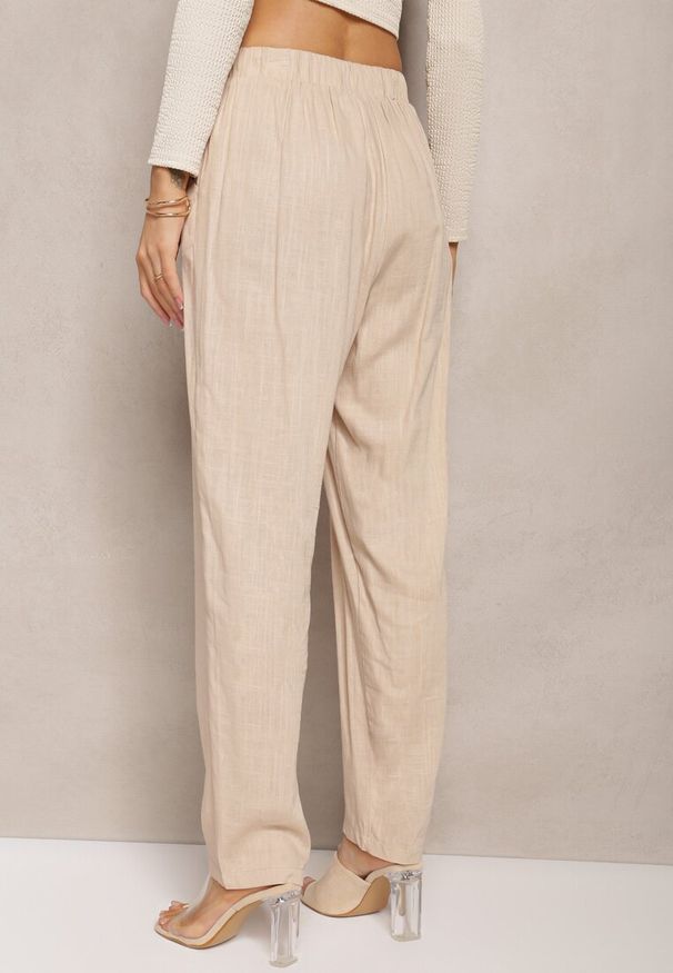 Renee - Beżowe Proste Spodnie Bawełniane z Gumką w Pasie Xisela. Kolor: beżowy. Materiał: bawełna. Styl: elegancki