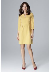 Lenitif - Elegancka sukienka z podwyższoną talią dekolt V żółta. Okazja: do pracy. Kolor: żółty. Styl: elegancki #3