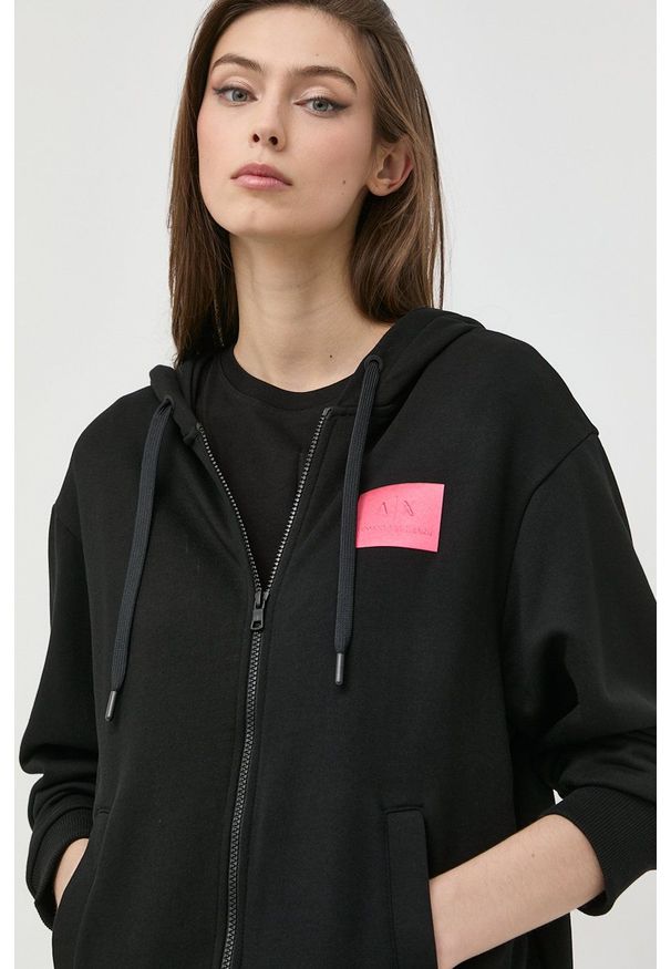 Armani Exchange bluza 6LYM36.YJ3NZ damska kolor czarny z kapturem z aplikacją. Typ kołnierza: kaptur. Kolor: czarny. Materiał: włókno. Wzór: aplikacja