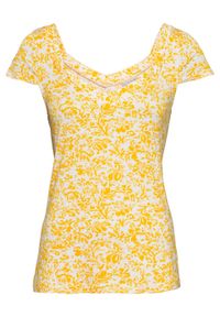 Shirt bonprix żółto-kremowy. Typ kołnierza: dekolt w karo. Kolor: żółty. Długość rękawa: krótki rękaw. Długość: krótkie. Wzór: nadruk, kwiaty #1