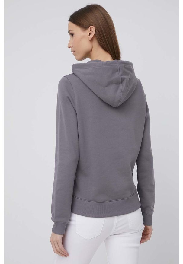 Calvin Klein Jeans Bluza bawełniana damska kolor szary z kapturem z nadrukiem. Okazja: na co dzień. Typ kołnierza: kaptur. Kolor: szary. Materiał: bawełna. Długość rękawa: długi rękaw. Długość: długie. Wzór: nadruk. Styl: casual