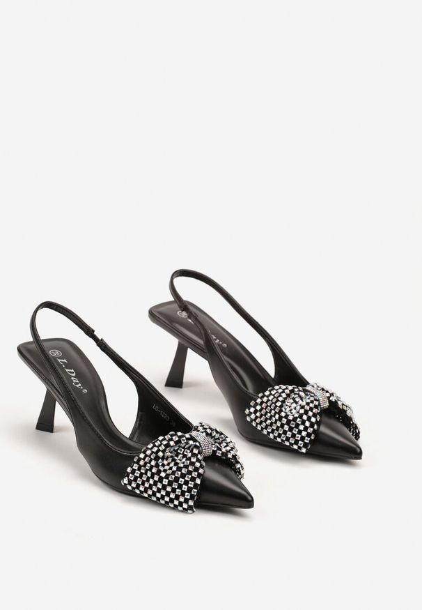 Renee - Czarne Sandały na Szpilce Kaczuszce Wykończone Kokardą i Cyrkoniami Elitara. Kolor: czarny. Materiał: satyna, jeans. Obcas: na szpilce. Styl: elegancki