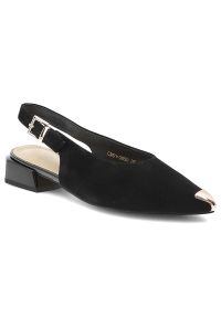 Czółenka damskie S.Barski, cholewka ze skóry naturalnej zamszowej elegancki fason slingback niski stabilny obcas, czarne, CR61-3050. Okazja: na spotkanie biznesowe. Zapięcie: klamry. Kolor: czarny. Materiał: skóra, zamsz. Szerokość cholewki: normalna. Obcas: na obcasie. Styl: elegancki. Wysokość obcasa: średni #1