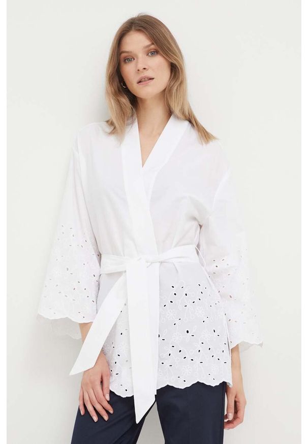 United Colors of Benetton marynarka bawełniana kolor biały niezapinana. Kolor: biały. Materiał: bawełna. Wzór: haft