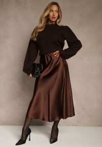 Renee - Brązowa Satynowa Midi Spódnica Rozkloszowana z Gumką w Pasie i Suwakiem Leose. Kolor: brązowy. Materiał: satyna #5