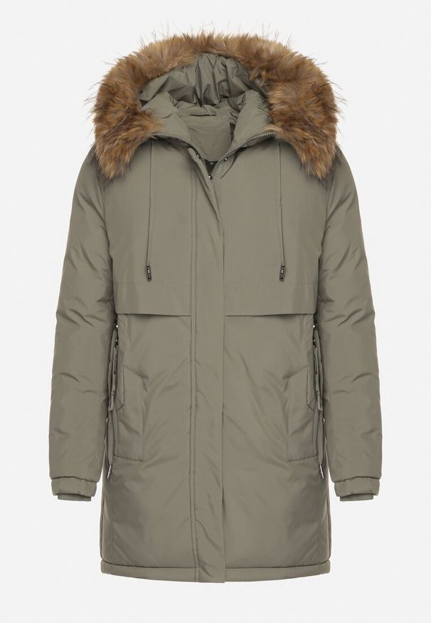 Born2be - Zielona Casualowa Kurtka Parka z Kapturem z Futerkiem Nallorea. Okazja: na co dzień. Typ kołnierza: kaptur. Kolor: zielony. Materiał: futro. Styl: casual