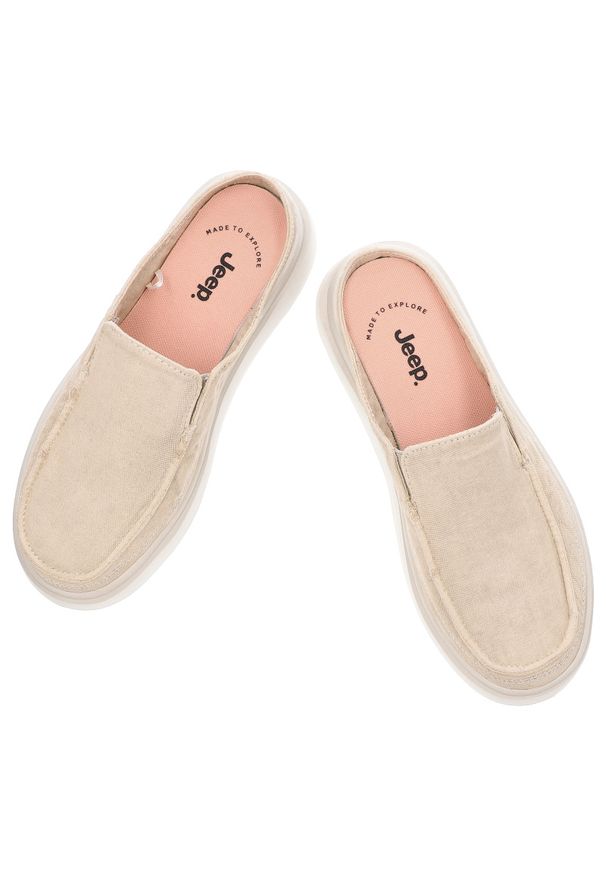 Beżowe Klapki Jeep Stylowe Płaskie Obuwie Damskie. Okazja: na co dzień. Kolor: beżowy. Materiał: materiał. Sezon: lato. Styl: elegancki