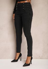 Renee - Czarne Spodnie Skinny High Waist z Gumką w Talii Nitami i Ozdobnymi Guzikami Ciandora. Okazja: na co dzień. Stan: podwyższony. Kolor: czarny. Styl: elegancki, casual #2