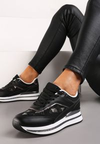 Born2be - Czarne Sneakersy Ozdobione Brokatem i Metalicznymi Wstawkami Cindema. Kolor: czarny. Wzór: aplikacja #6