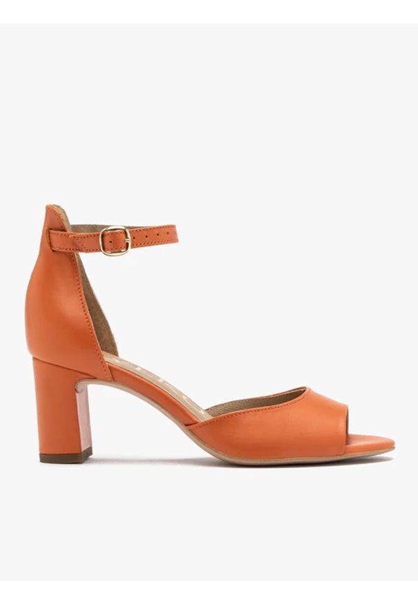 Ryłko - Pomarańczowe sandały na obcasie. Kolor: pomarańczowy. Materiał: skóra. Obcas: na obcasie. Styl: street. Wysokość obcasa: średni