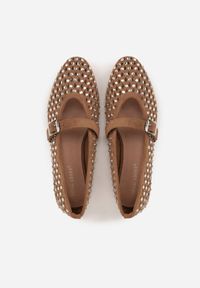 Renee - Brązowe Balerinki w Stylu Mary Jane z Cyrkoniami i Ażurową Cholewką Lyphenne. Kolor: brązowy. Materiał: satyna, jeans. Szerokość cholewki: normalna. Wzór: ażurowy. Styl: glamour, klasyczny #8