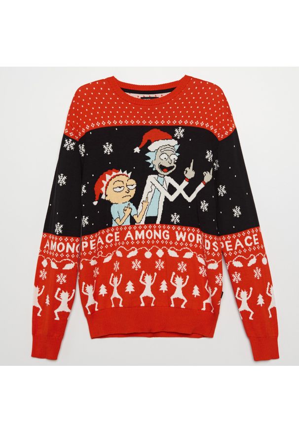 Cropp - Świąteczny sweter Rick and Morty - Czerwony. Kolor: czerwony. Styl: wizytowy