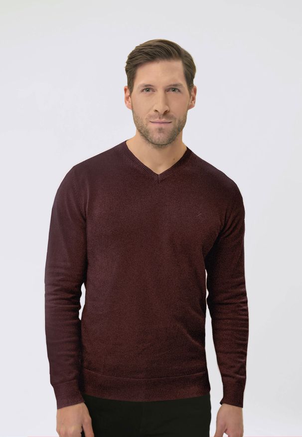 Volcano - Sweter z dekoltem w serek S-KLARO. Okazja: na co dzień, do pracy. Typ kołnierza: dekolt w serek. Materiał: dzianina, bawełna, materiał. Długość rękawa: długi rękaw. Długość: długie. Wzór: gładki. Styl: klasyczny, casual, elegancki