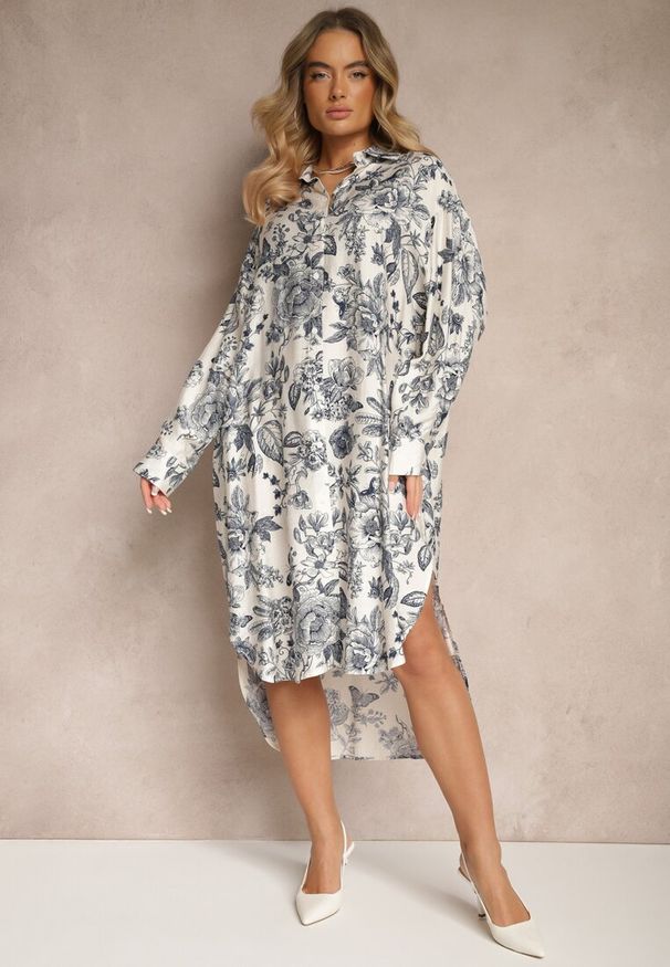 Renee - Niebieska Kwiatowa Koszulowa Sukienka z Wiskozy Lisvesia. Okazja: na co dzień. Kolor: niebieski. Materiał: wiskoza. Długość rękawa: długi rękaw. Wzór: kwiaty. Typ sukienki: koszulowe. Styl: elegancki, casual