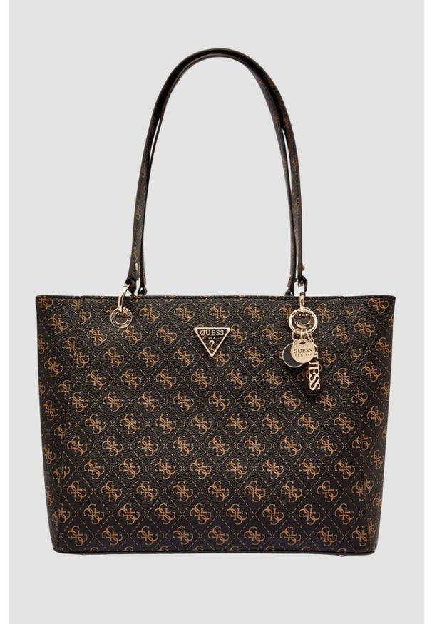 Guess - GUESS Brązowa damska shopperka logowana Noelle Tote. Kolor: brązowy. Materiał: skórzane