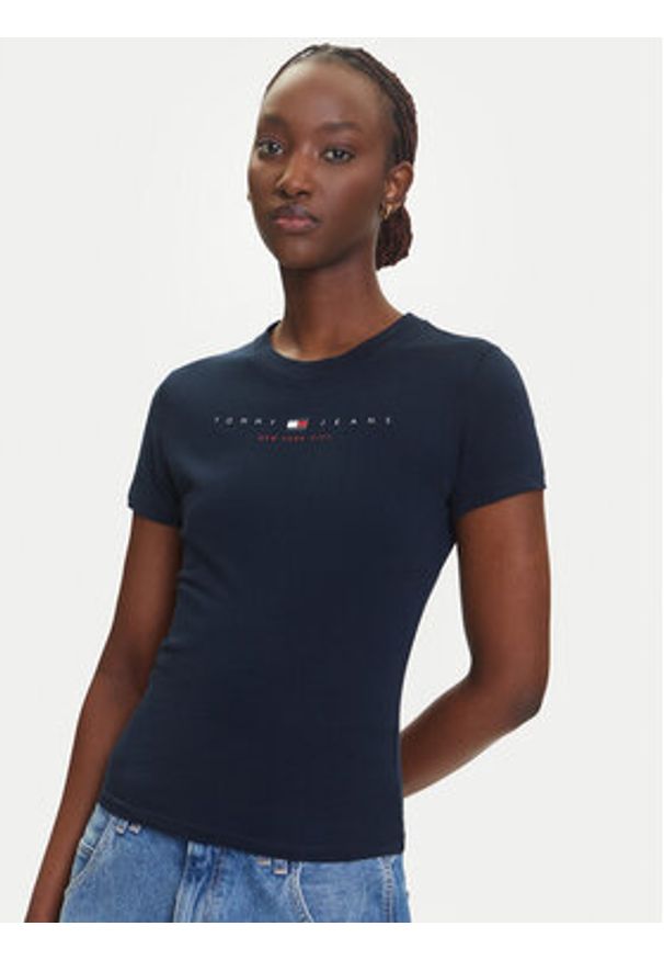 Tommy Jeans T-Shirt Linear DW0DW21422 Granatowy Slim Fit. Kolor: niebieski. Materiał: bawełna