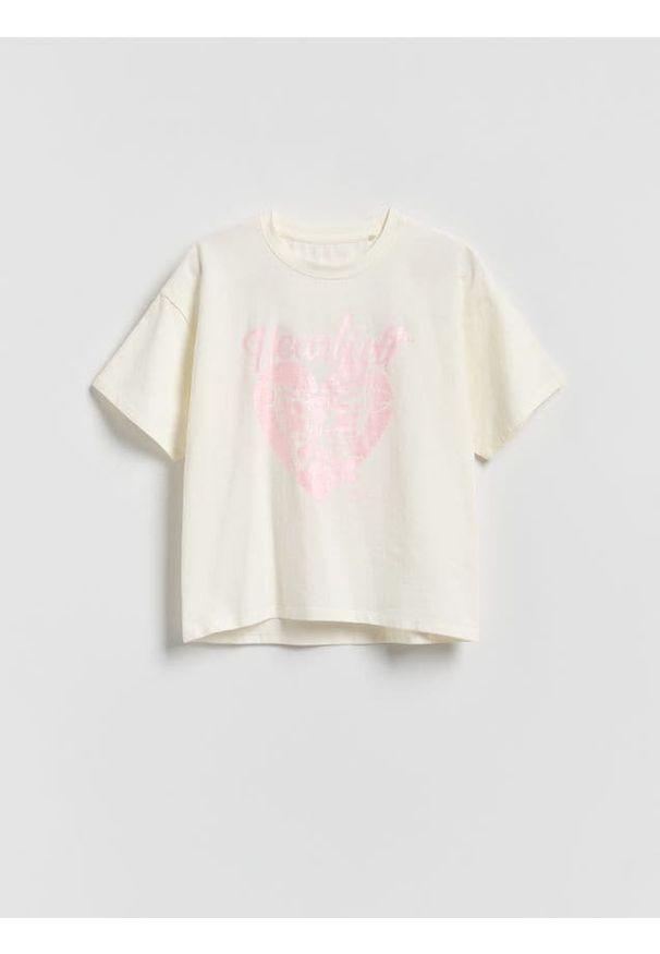 Reserved - T-shirt z metalicznym nadrukiem - złamana biel. Materiał: bawełna. Wzór: nadruk
