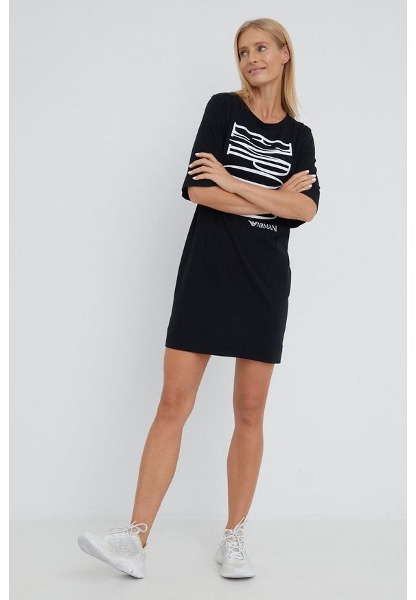 Emporio Armani Underwear sukienka bawełniana kolor czarny mini oversize. Kolor: czarny. Materiał: bawełna. Długość rękawa: krótki rękaw. Wzór: nadruk. Typ sukienki: oversize. Długość: mini