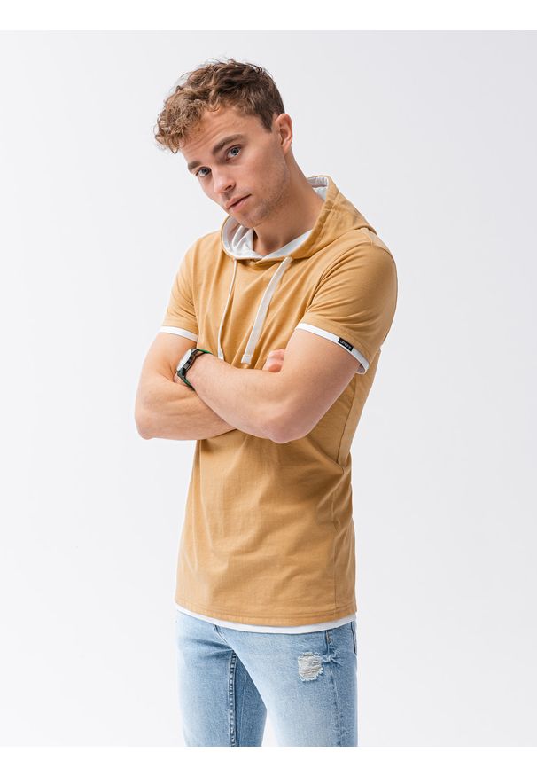 Ombre Clothing - T-shirt męski z kapturem bez nadruku S1376 - musztardowy - XXL. Okazja: na co dzień. Typ kołnierza: kaptur. Kolor: żółty. Materiał: bawełna, jersey, dzianina. Styl: klasyczny, casual